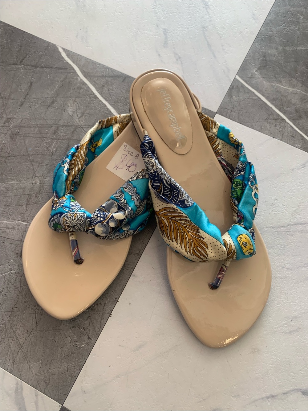 Jeffrey Campbell Beige Flip-Flop Sandals with Turquoise Patterned Fabric Straps